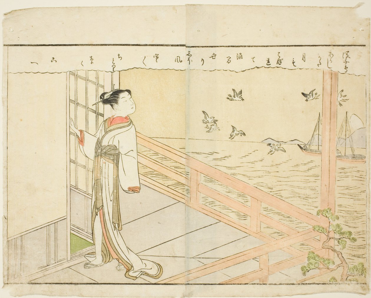 Illustrazione a doppia pagina dal Vol. 2 di "Libro illustrato dei broccati di primavera (Ehon haru no nishiki)" da Suzuki Harunobu