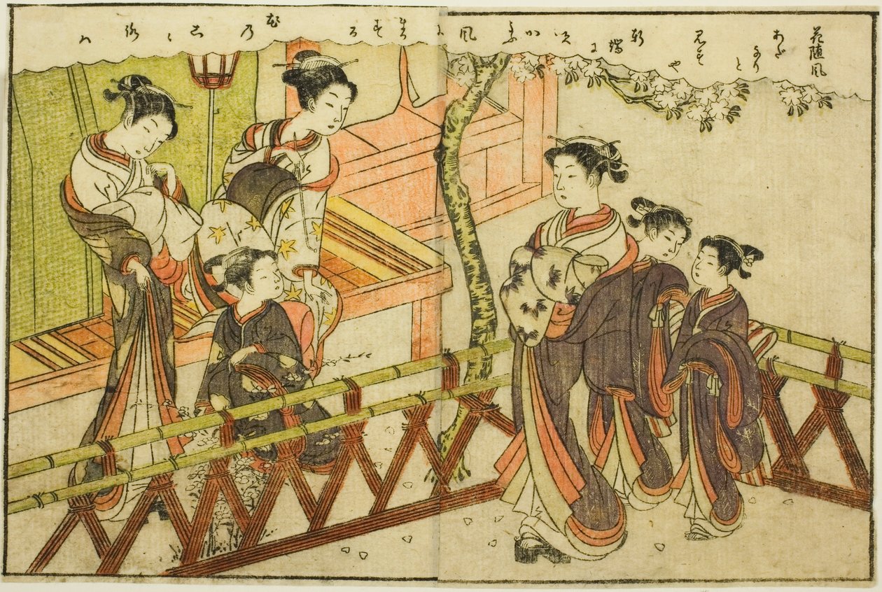 Illustrazione a doppia pagina dal Vol. 2 di "Libro illustrato dei broccati di primavera (Ehon haru no nishiki)" da Suzuki Harunobu