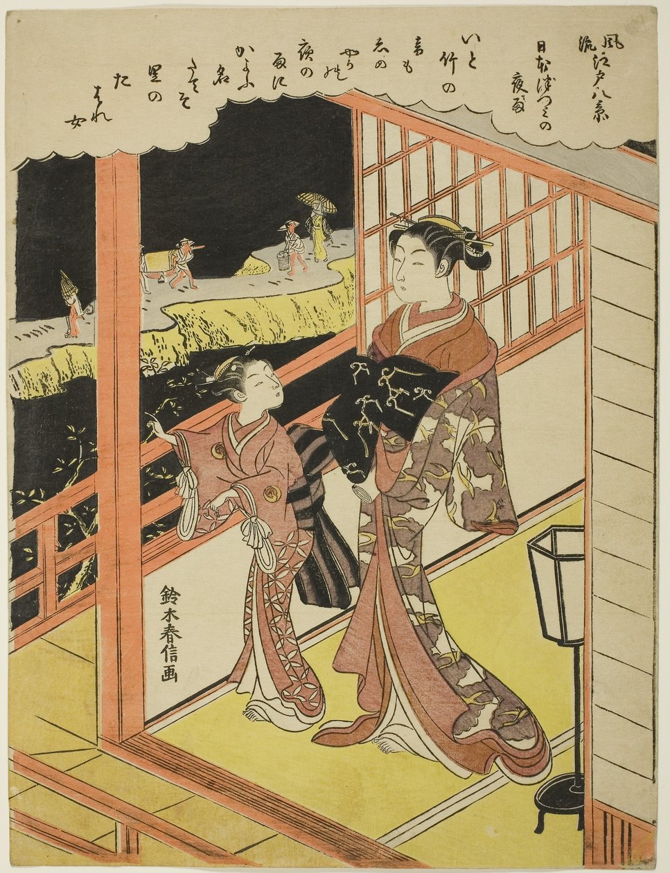 Pioggia serale a Nihonzutsumi (Nihonzutsumi no yau), dalla serie "Otto vedute alla moda di Edo (Furyu Edo hakkei)", 1768-69 circa (stampa xilografica a colori; chuban) da Suzuki Harunobu