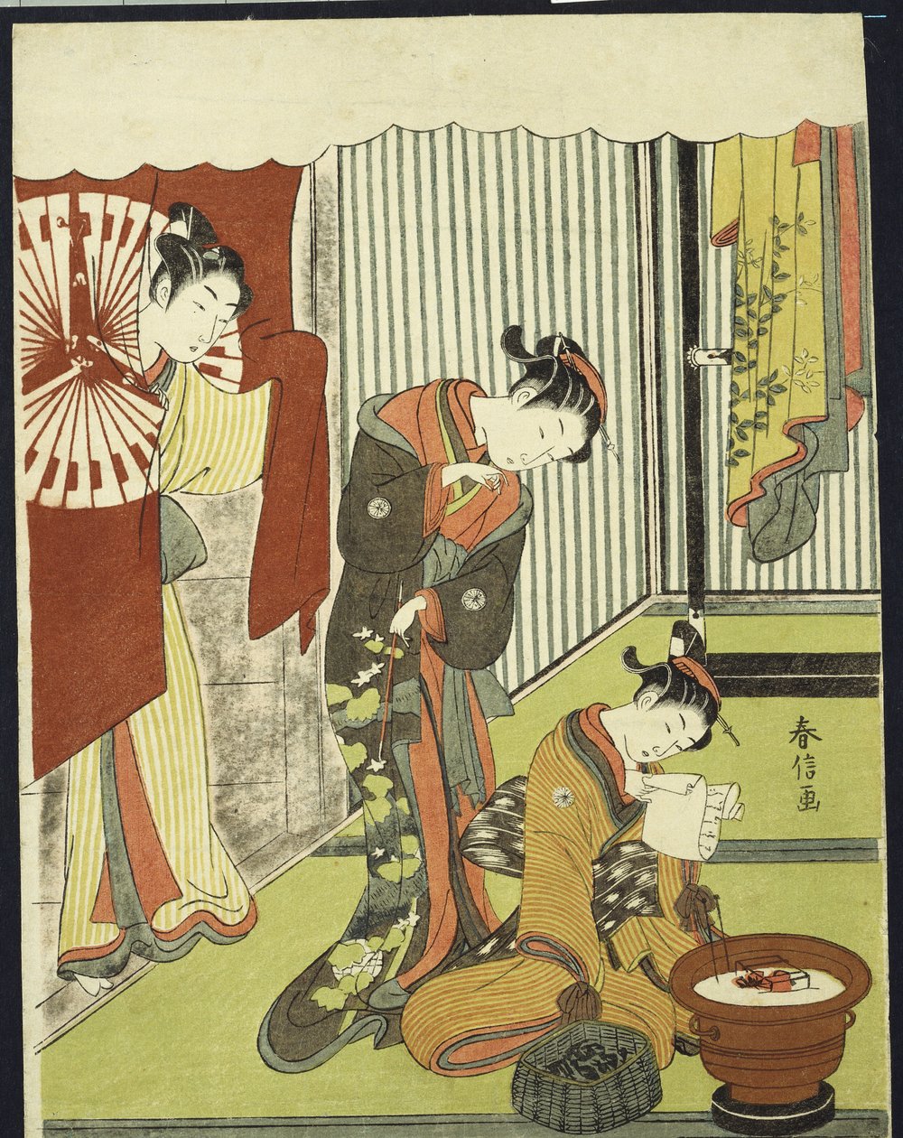 Figure in un interno, una cortigiana che guarda la sua shinzo che legge una lettera d
