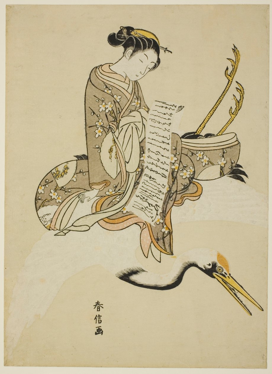 Ragazza che cavalca una gru (parodia di Hi Chobo [Cinese: Fei Zhangfang]) da Suzuki Harunobu