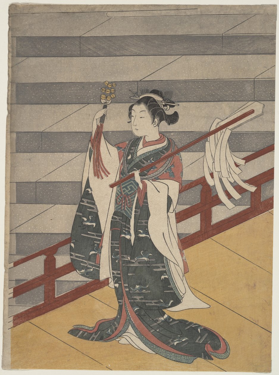 Ragazza su un balcone sopra una scala di pietra da Suzuki Harunobu