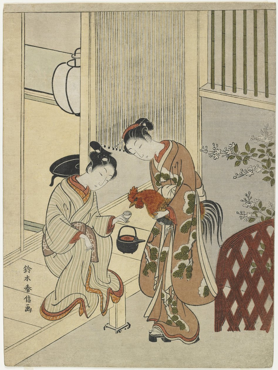 Amanti che offrono sake a un gallo, c. 1767 da Suzuki Harunobu