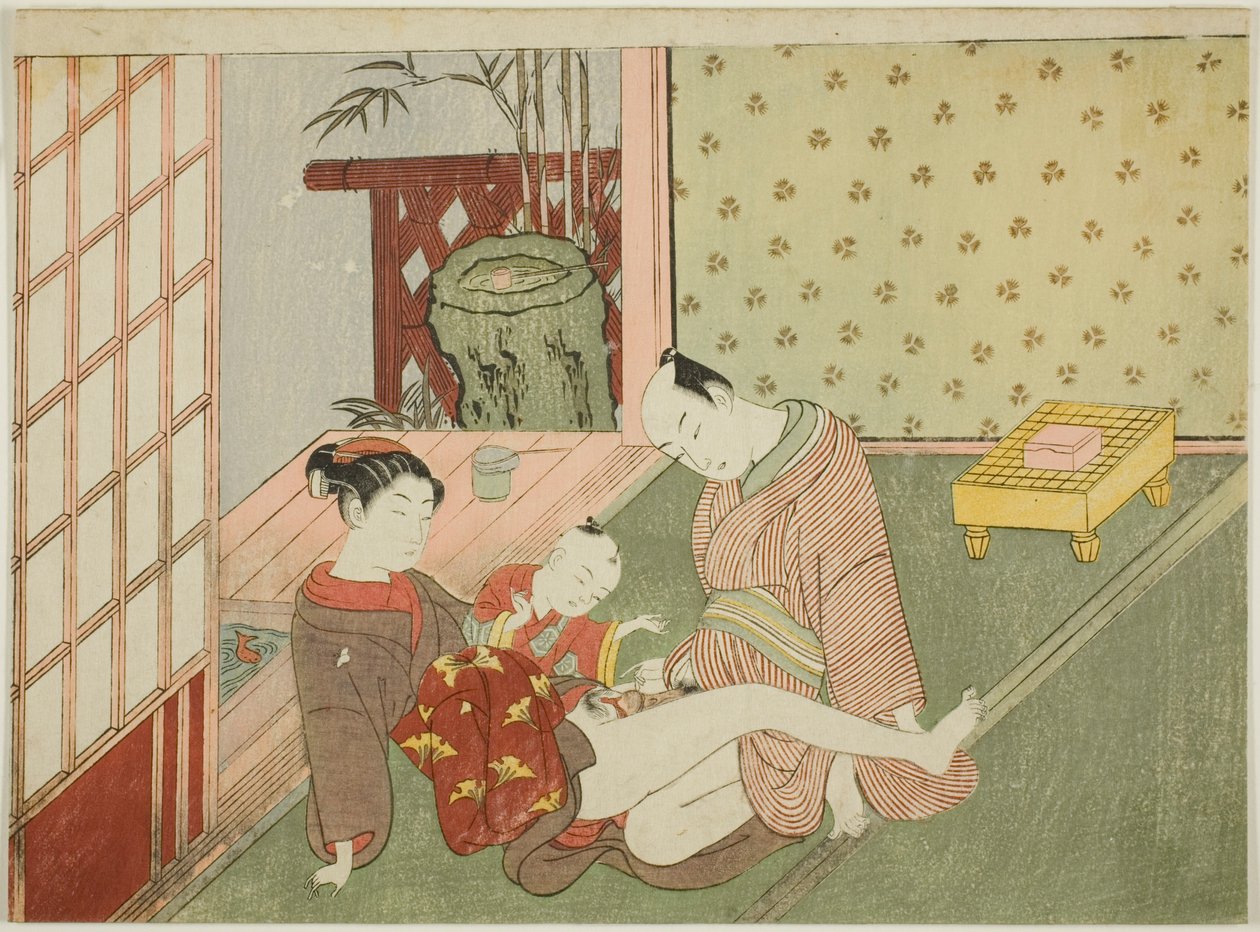 Amanti con giovane assistente che osserva, da una serie senza titolo di stampe erotiche da Suzuki Harunobu