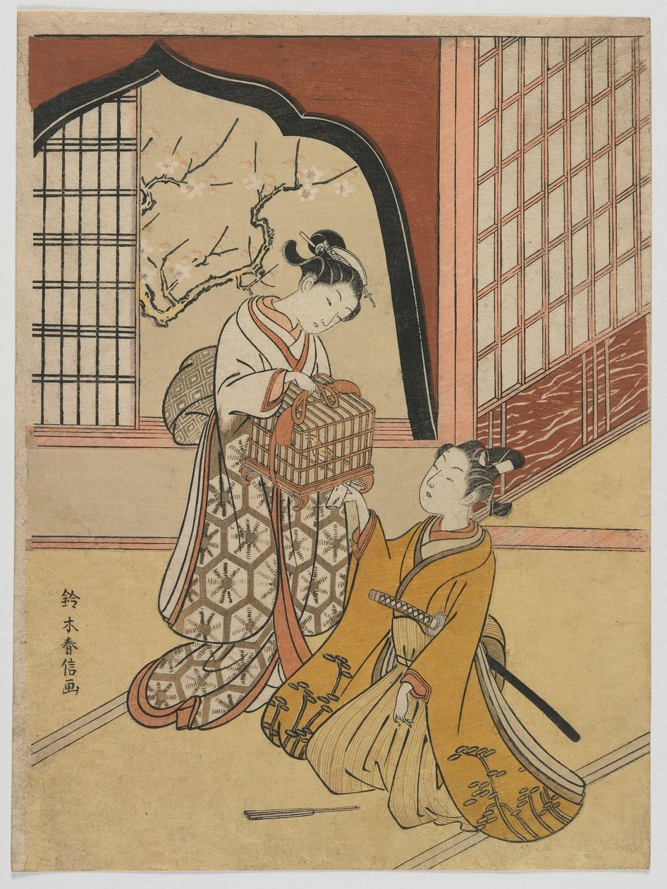 Amanti con una gabbia per uccelli, periodo Edo, c.1766-67 da Suzuki Harunobu