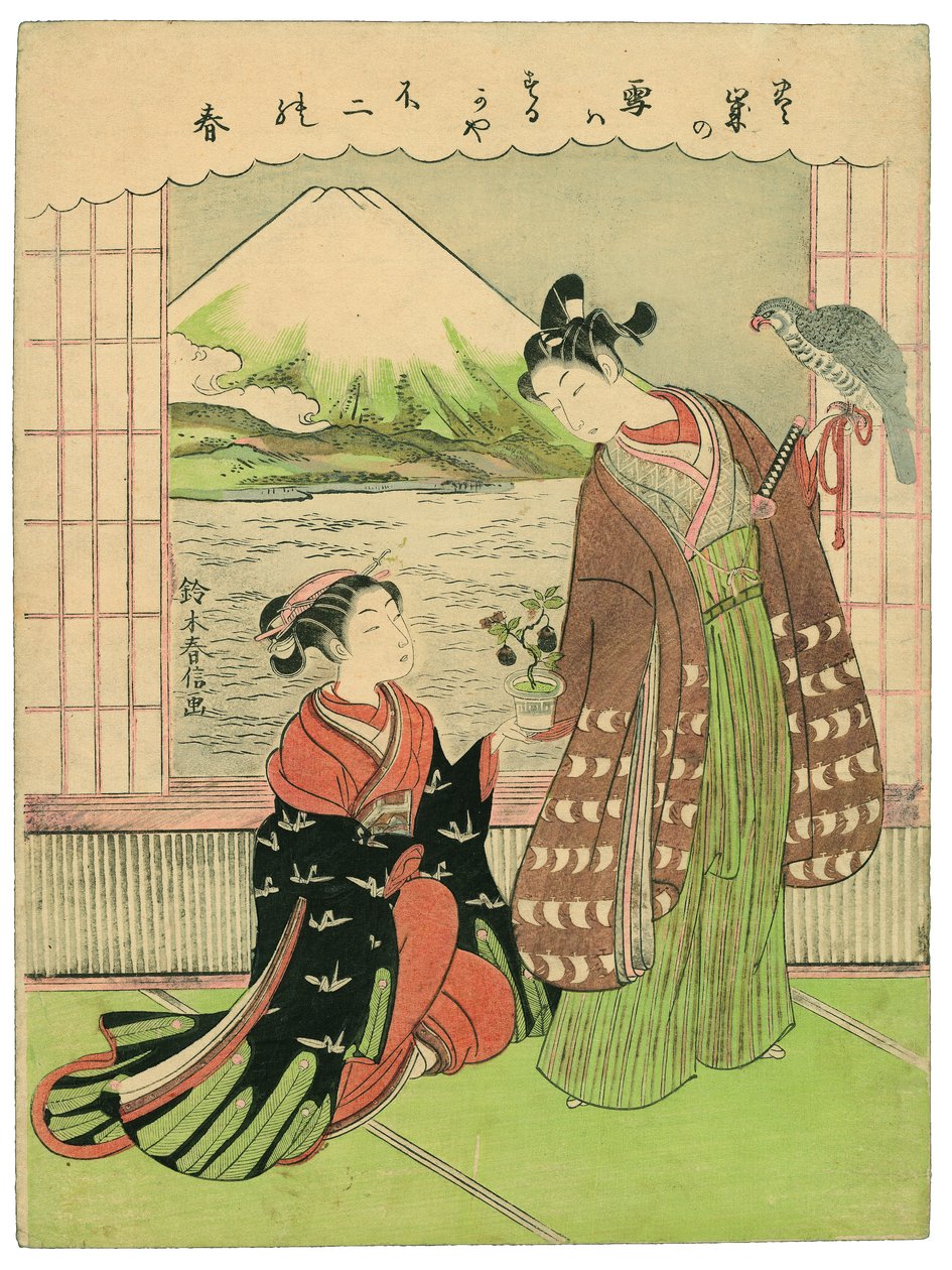 Sogno fortunato per il Nuovo Anno: monte Fuji, falco e melanzane da Suzuki Harunobu