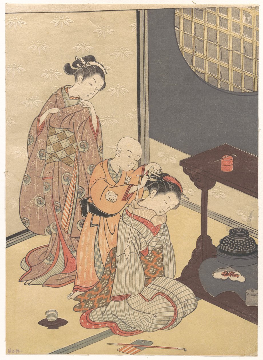 Pioggia notturna presso lo stand a doppio ripiano, dalla serie Otto vedute di salotti (Zashiki hakkei) da Suzuki Harunobu