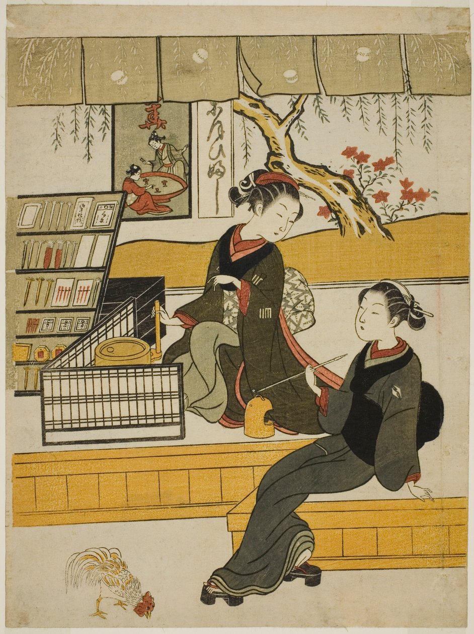 Ofuji, la commessa del Motoyanagiya, con un cliente da Suzuki Harunobu