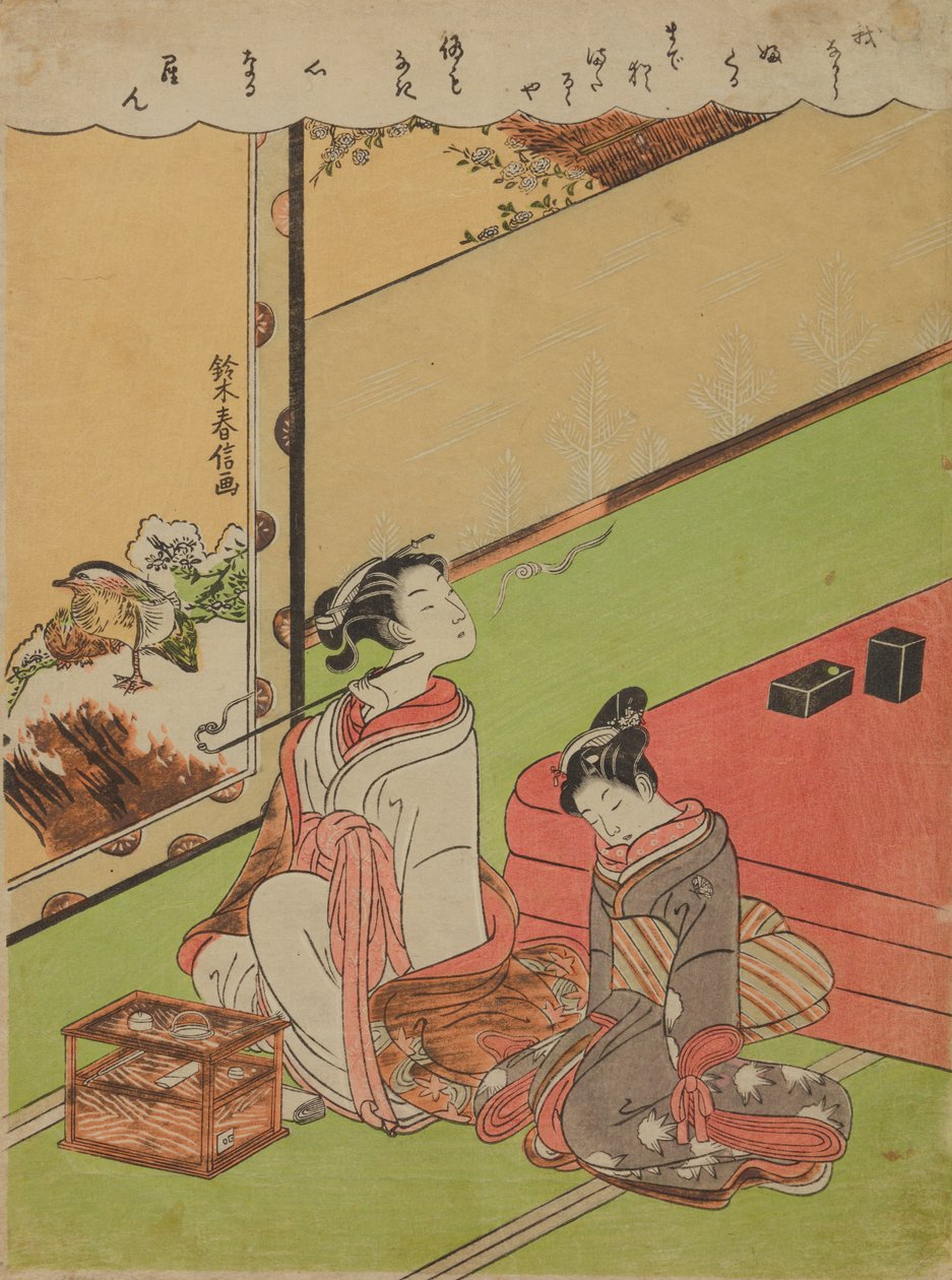 Oiran che fuma una pipa e la sua servitrice sonnecchiante da Suzuki Harunobu