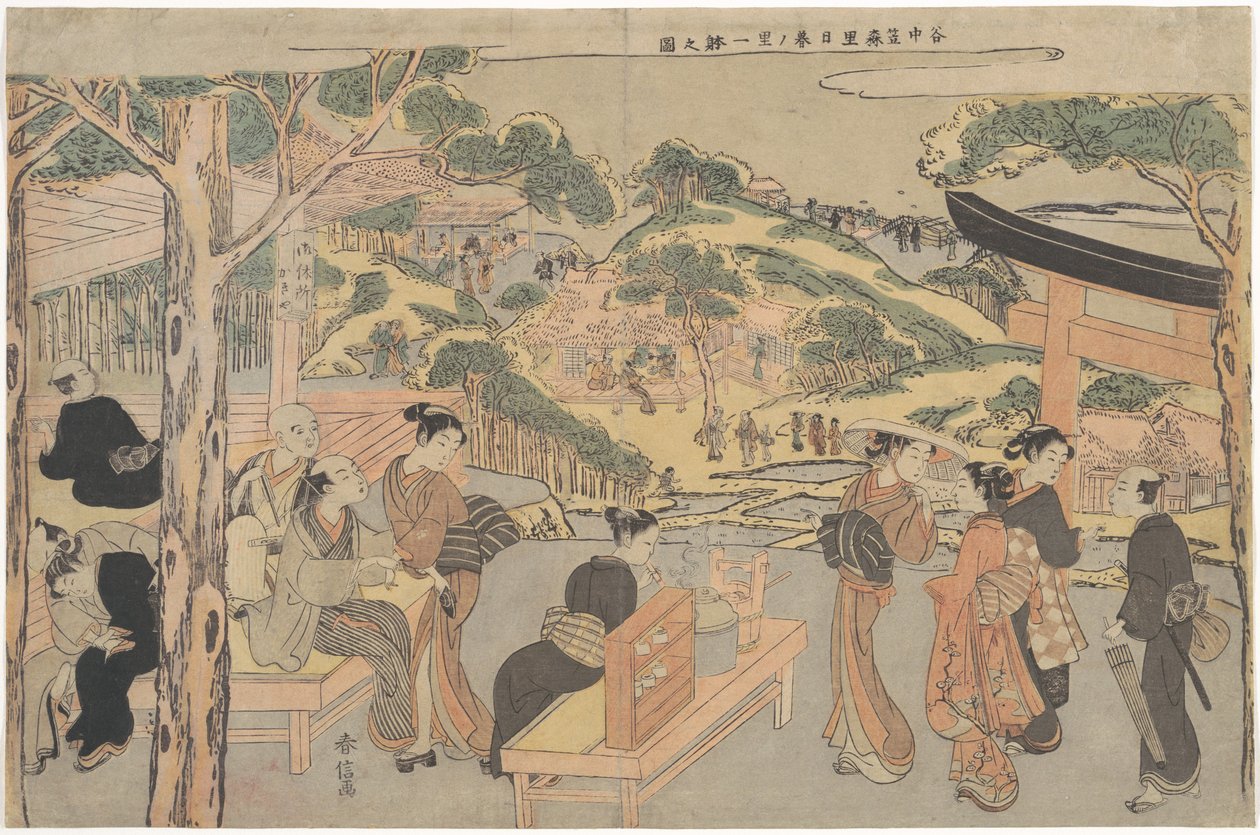 Osen della casa da tè Kagiya presso il santuario Kasamori con vista su Nippori a Yanaka da Suzuki Harunobu