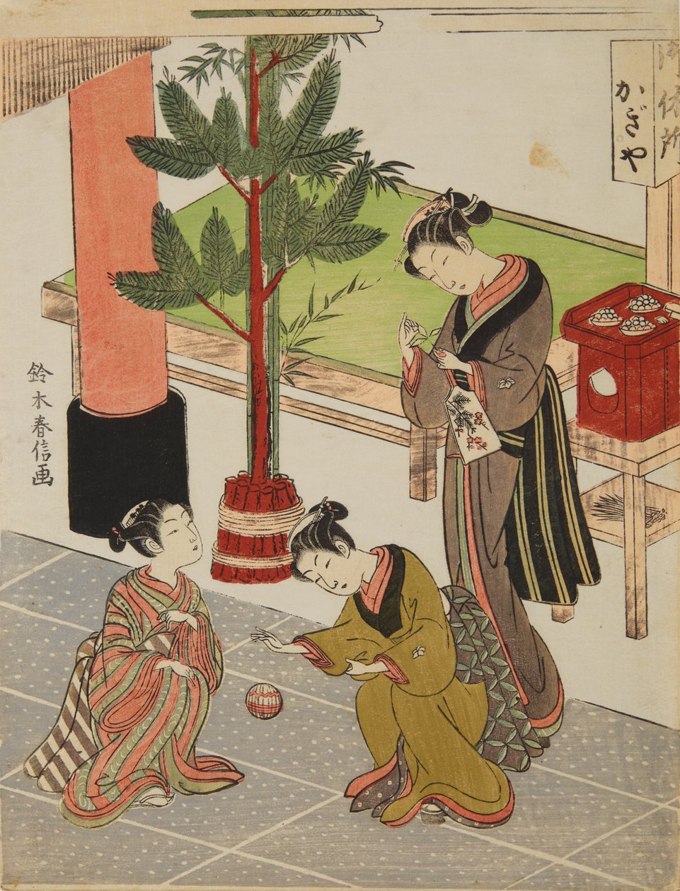 La bella Osen della casa da tè Kagi-ya, preparativi per il Capodanno da Suzuki Harunobu