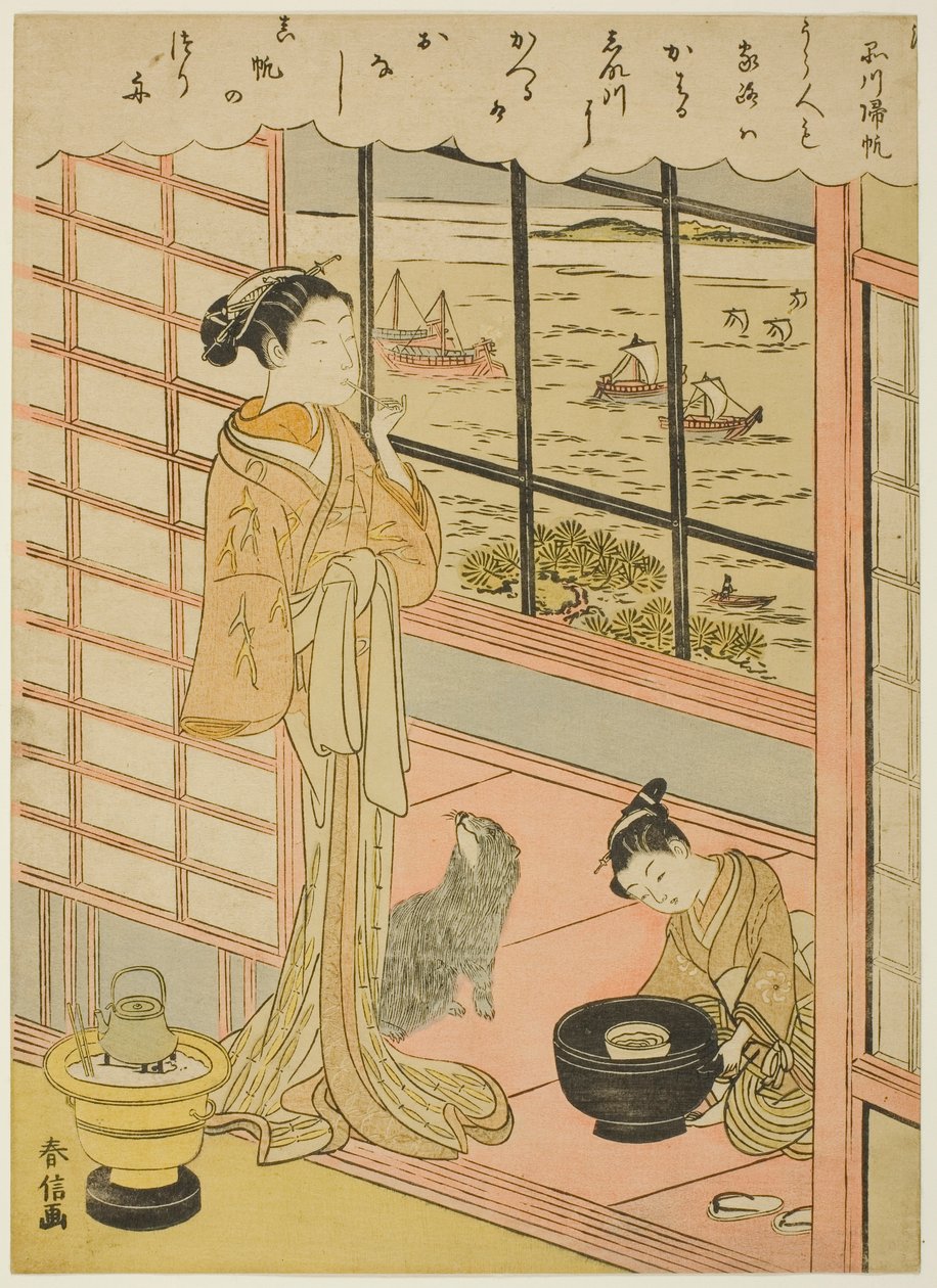 Vele di ritorno a Shinagawa (Shinagawa no kihan), dalla serie "Otto vedute alla moda di Edo (Furyu Edo hakkei)" da Suzuki Harunobu