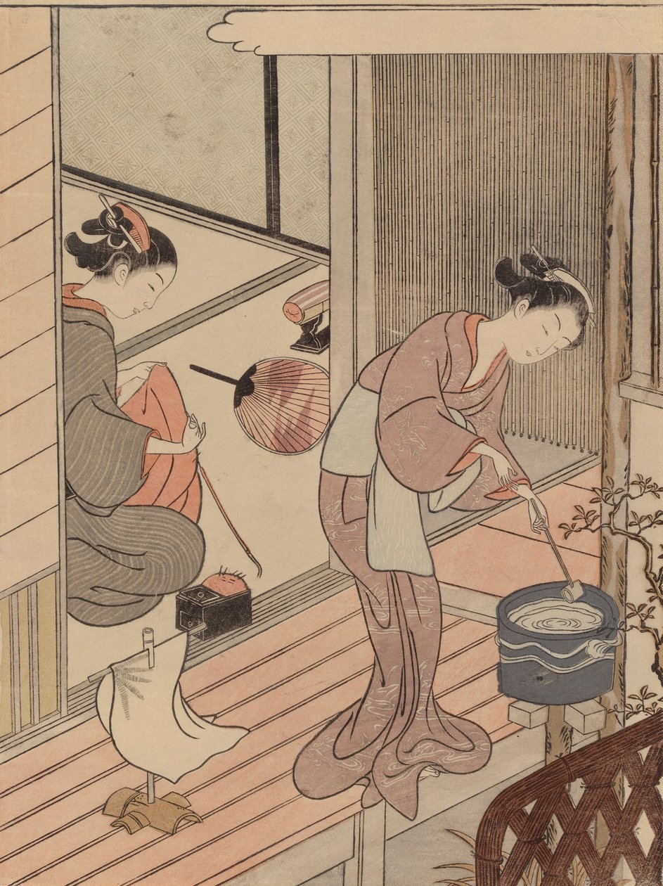 Vele di ritorno dello stendino per asciugamani, dalla serie Otto vedute del salotto da Suzuki Harunobu
