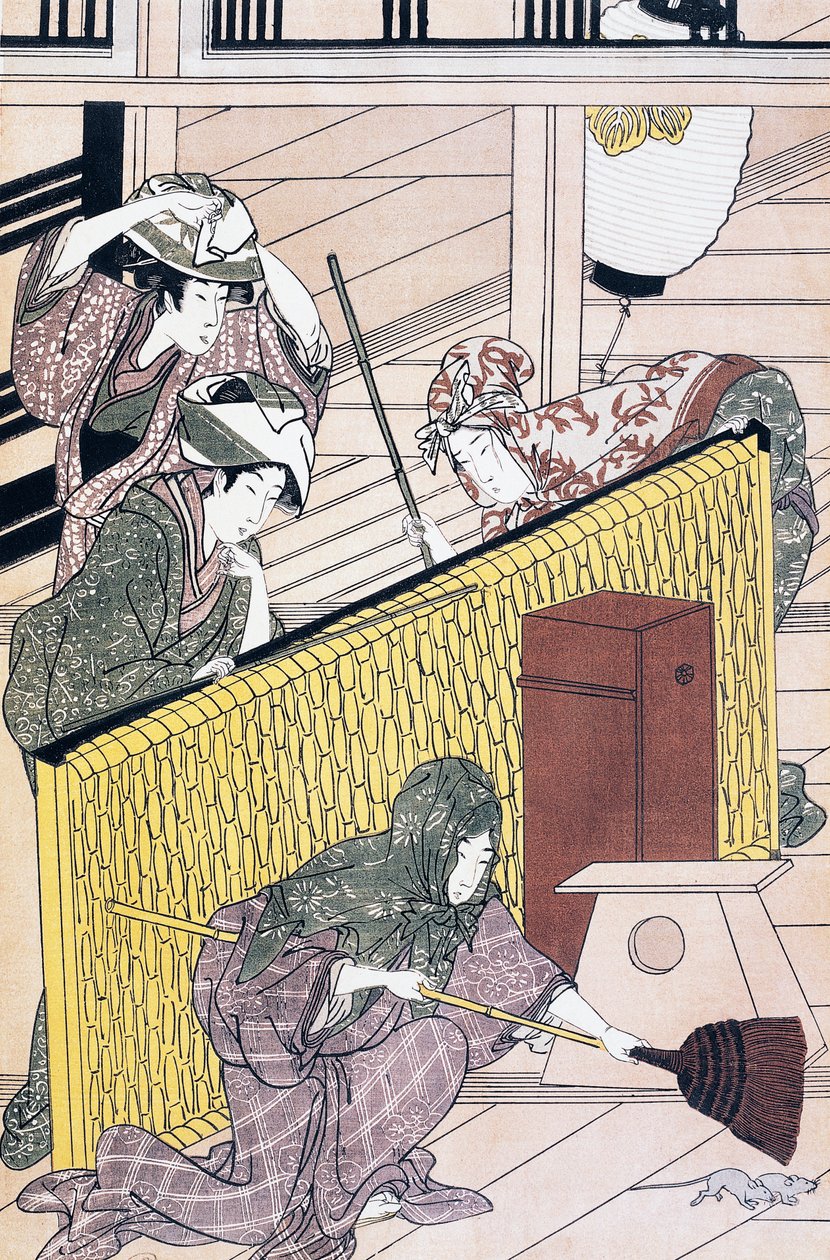 Servitore che insegue topi in casa, stampa ukiyo-e di Suzuki Harunobu (1725-1770), xilografia, civiltà giapponese, periodo Edo da Suzuki Harunobu