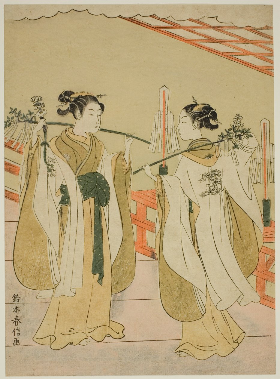 Le Sacerdotesse Onami e Ohatsu che Ballano al Santuario di Yushima Tenjin da Suzuki Harunobu