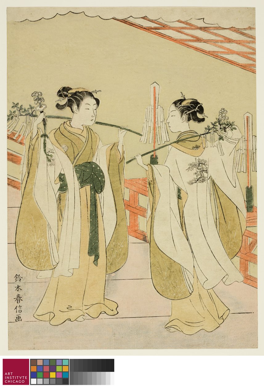 Le sacerdotesse Onami e Ohatsu danzano al santuario di Yushima Tenjin, c.1769 da Suzuki Harunobu