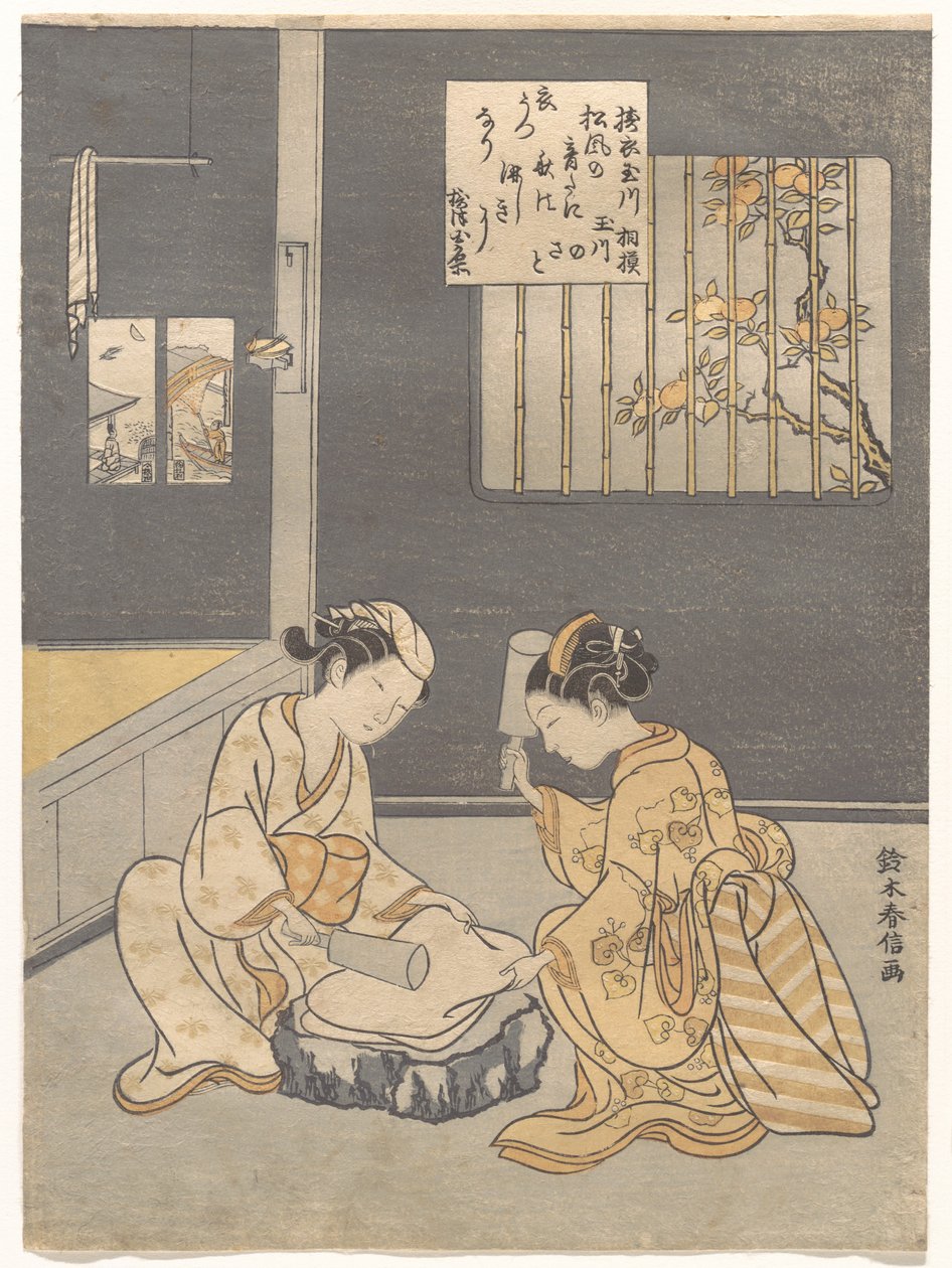 Il Fiume Gioiello della follatura dei tessuti, luogo celebre nella provincia di Settsu (Tōi no Tamagawa, Settsu no meisho), da una serie senza titolo di sei Fiumi Gioiello (Mu Tamagawa) da Suzuki Harunobu