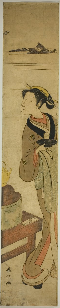 La cameriera Osen della casa da tè Kagiya che porta una tazza di tè da Suzuki Harunobu