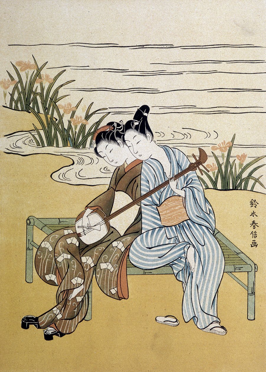 Lo shamisen: coppia che suona lo shamisen - di Harunobou, in "Japan artistique", luglio 1890 da Suzuki Harunobu