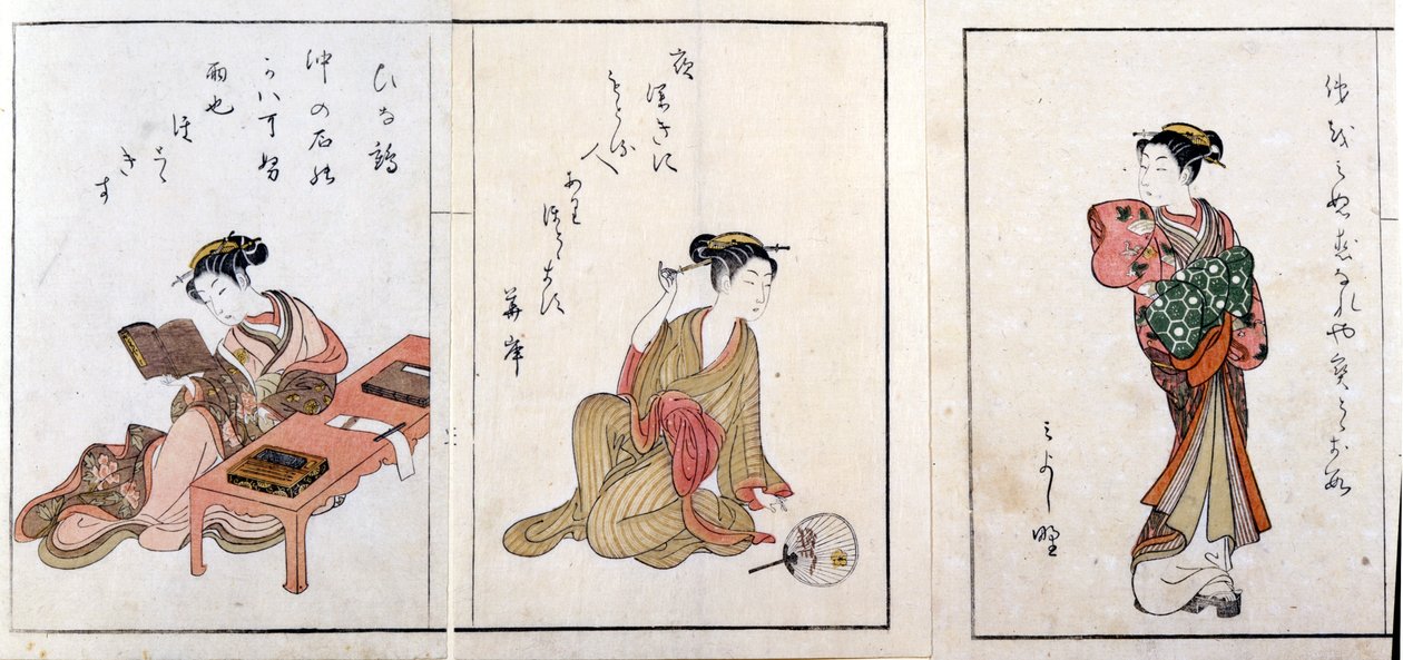 Tre cortigiane. Da sinistra a destra, Hiinatsuru, Hanagishi e la terza non identificata. Stampe di Harunobu Suzuki da Suzuki Harunobu