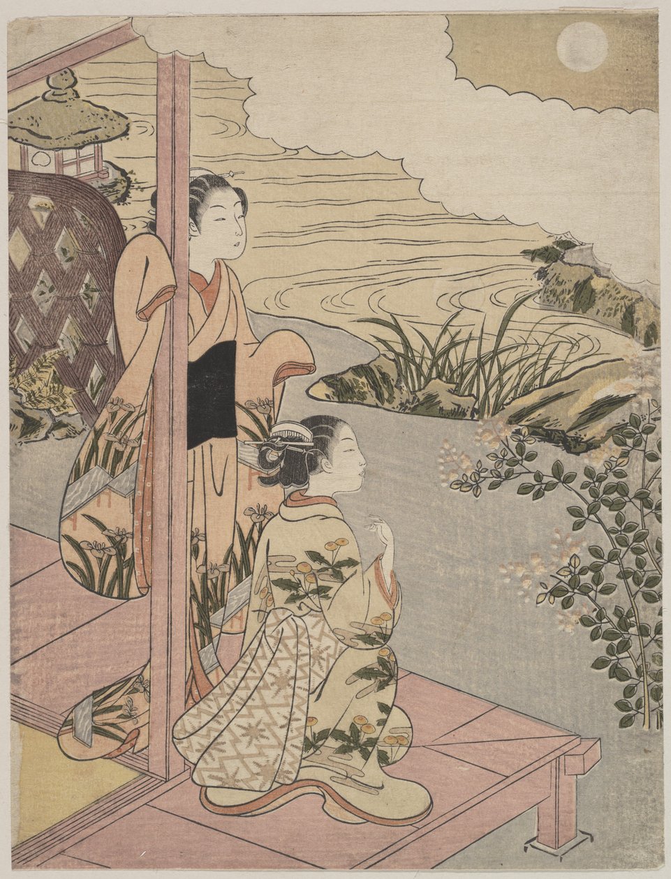 Due ragazze su una veranda accanto a un ruscello con la luna da Suzuki Harunobu