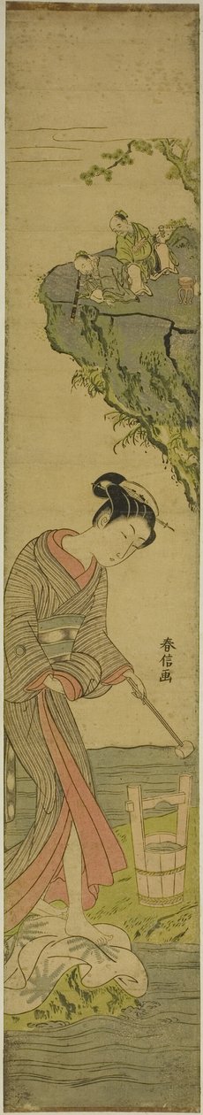 Due Saggi che Guardano una Bellezza che Calpesta il Tessuto (parodia di Kume Sennin) da Suzuki Harunobu