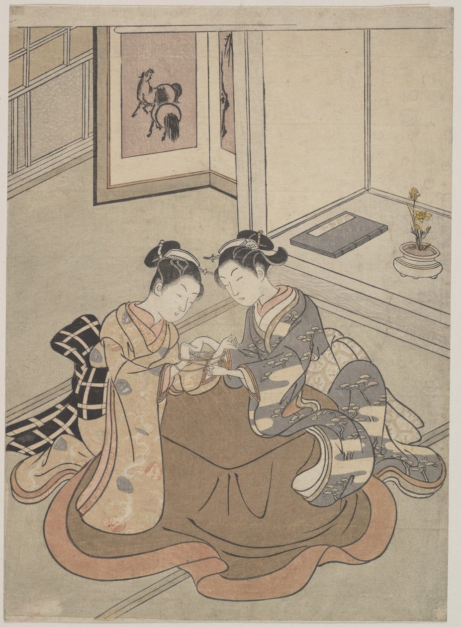 Due Giovani Donne Sedute vicino a un Kotatsu che Giocano a Gatto e Topo da Suzuki Harunobu