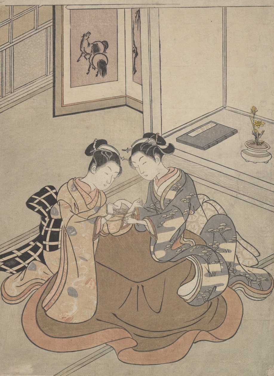 Due giovani donne sedute vicino a un kotatsu che giocano a fare la culla del gatto, ca. 1765 da Suzuki Harunobu