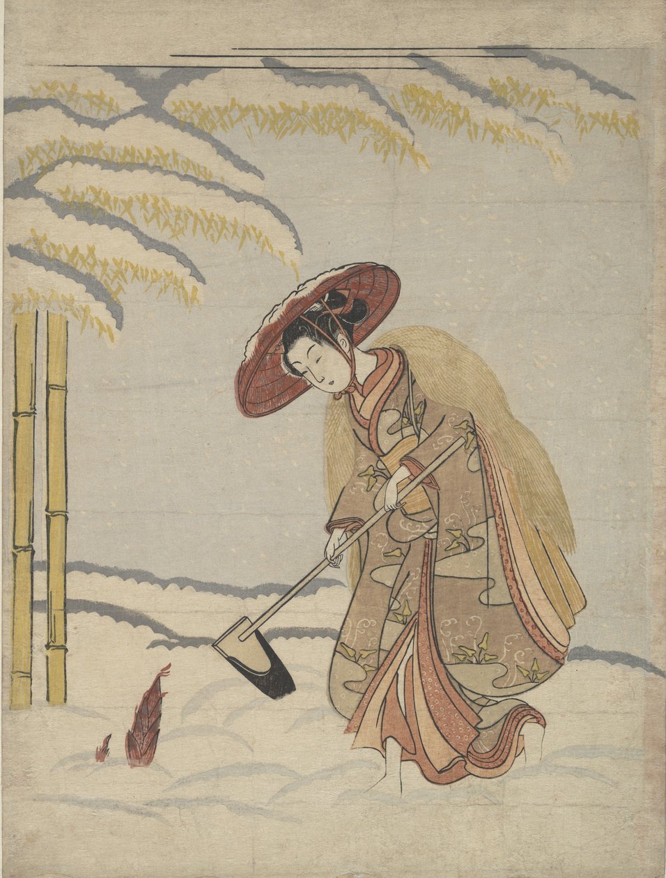 Donna che scava germogli di bambù nella neve, o parodia di Meng Zong Moso, da Ventiquattro..., ca. 1765 da Suzuki Harunobu