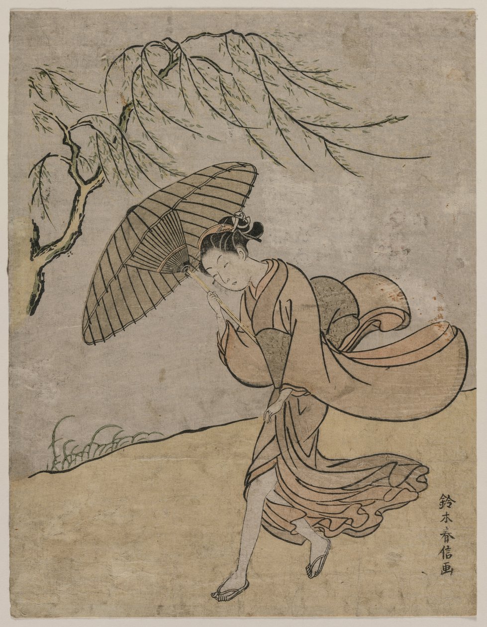Donna che corre accanto a un salice in una brezza da Suzuki Harunobu