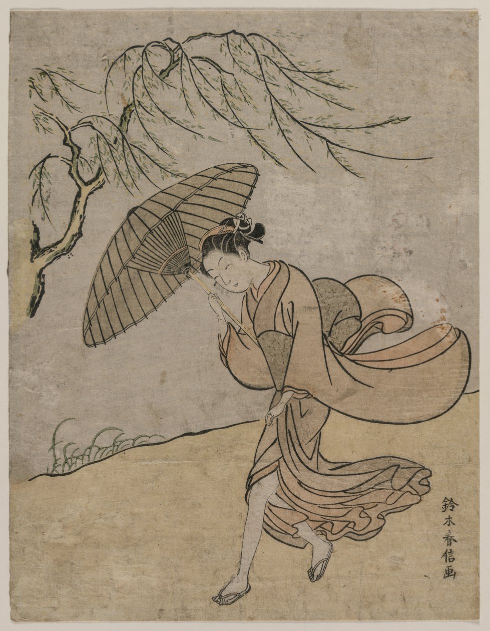 Donna che corre accanto a un salice in una brezza da Suzuki Harunobu