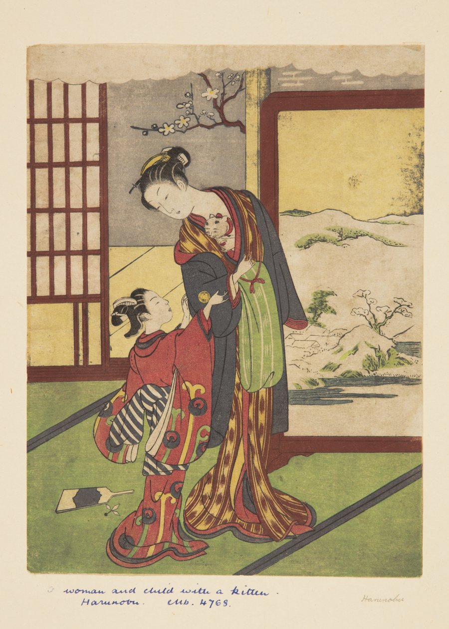 Donna e bambino con gattino da Suzuki Harunobu
