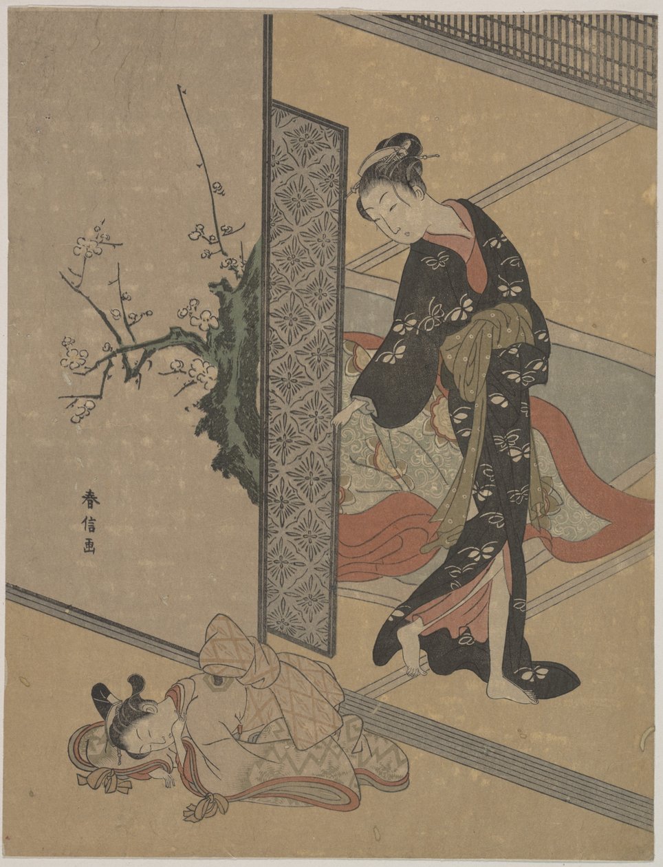 Giovane dama guarda attraverso la porta la sua kamuro (piccola servitrice) che dorme sul pavimento da Suzuki Harunobu