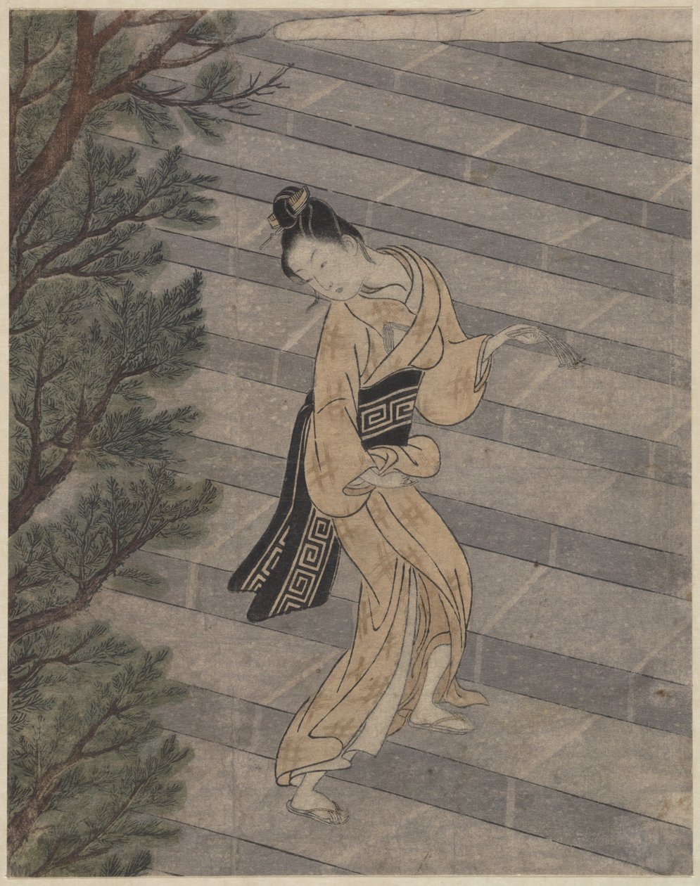 Giovane donna che sale i gradini di pietra verso un tempio shintoista da Suzuki Harunobu
