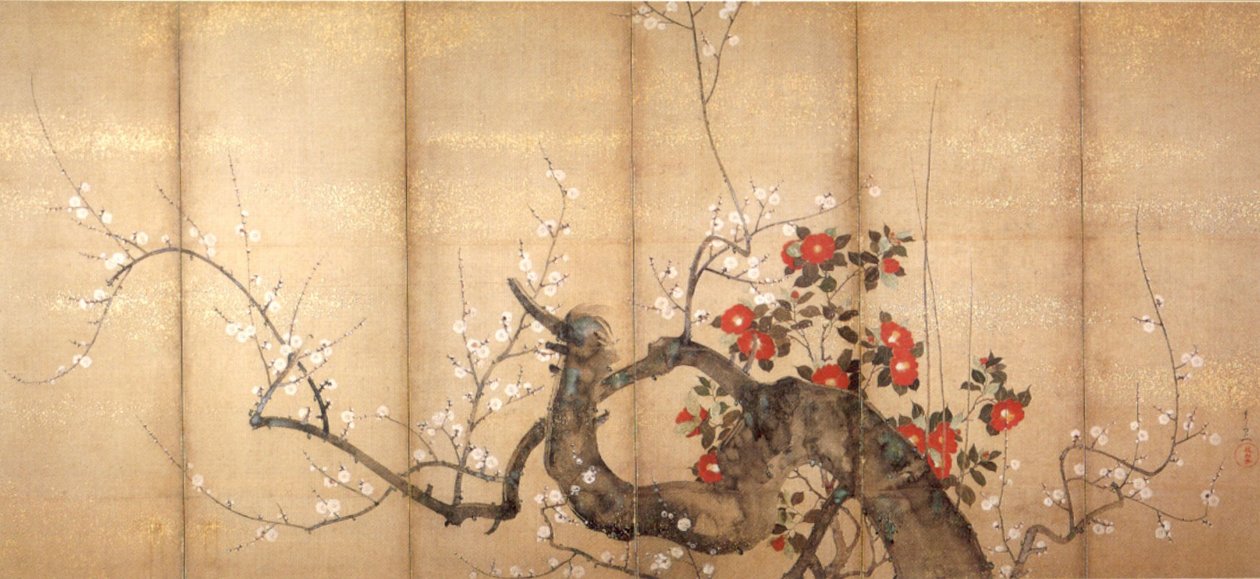 Prugna e camelia in fiore da Suzuki Kiitsu