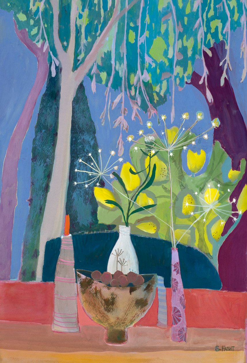 Natura morta con ciotola e tre vasi con sfondo di alberi, 2018 (gouache) da Suzy Fasht