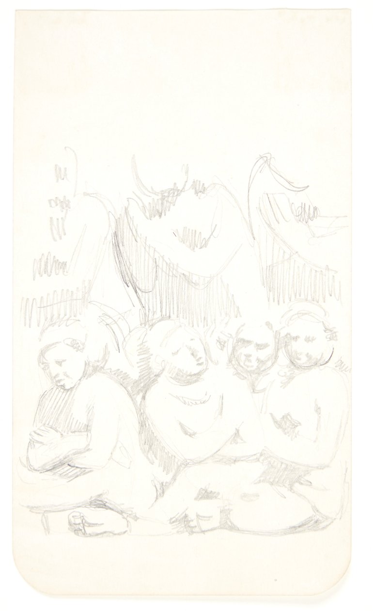 Gruppo con figure sedute con le braccia incrociate in primo piano. Foglio di studio dopo rilievi a Borobudur, Giava. da Svend Rathsack
