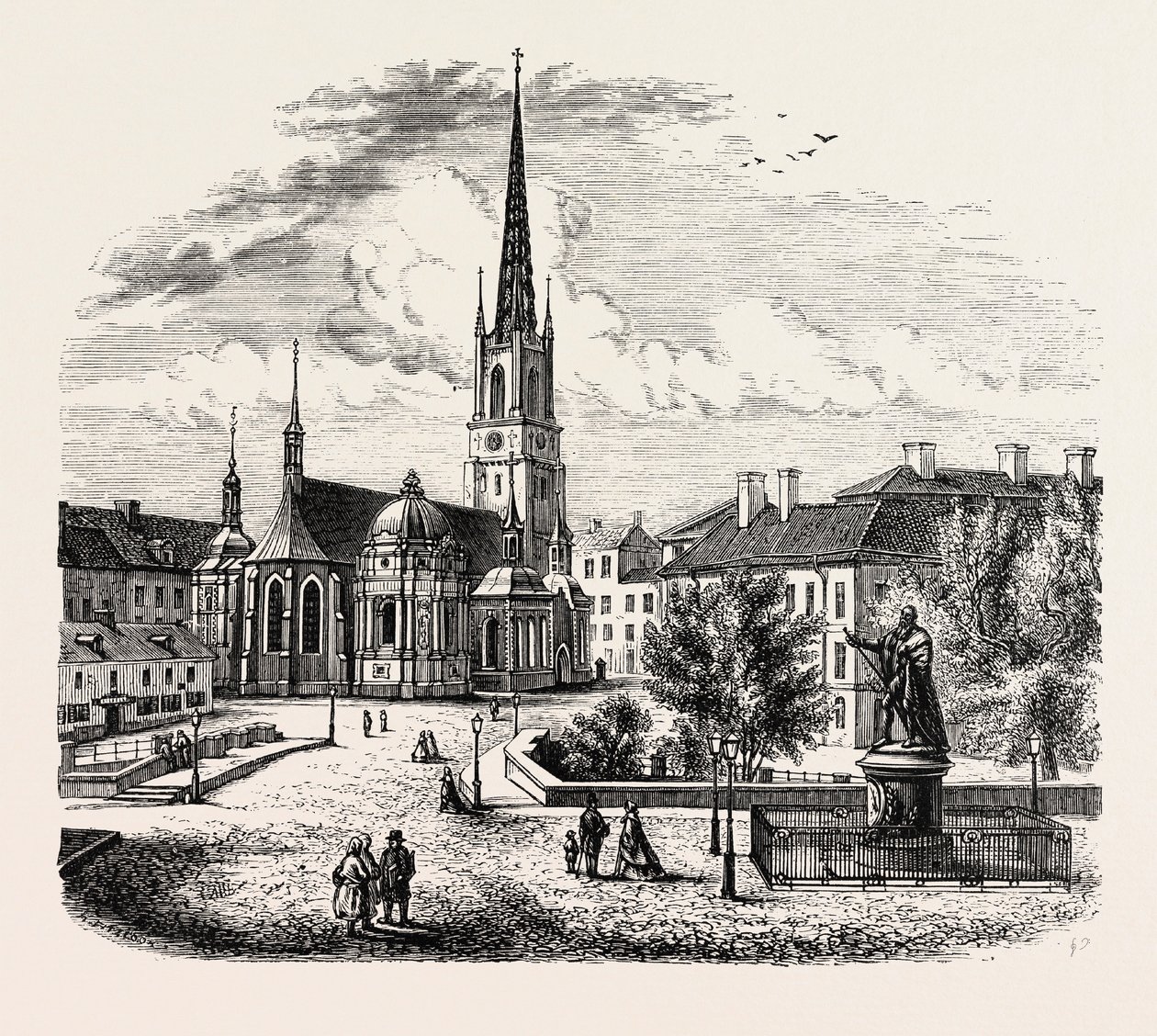 La chiesa di Riddarholmen, Riddarholmskyrka, Stoccolma, Svezia (incisione) da Swedish School