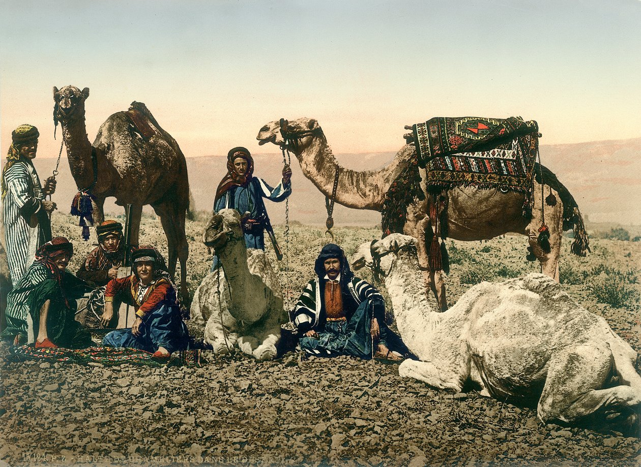 Viaggiatori occidentali vestiti da beduini e le loro guide con i cammelli nella Valle del Giordano, c.1880-1900 da Swiss Photographer
