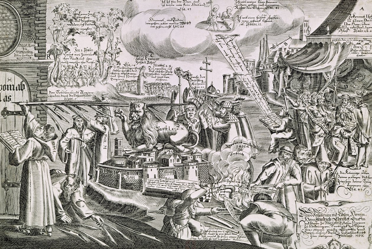 Martin Lutero (1483-1546) scrive sulla porta della chiesa a Wittenberg nel 1517 da Swiss School
