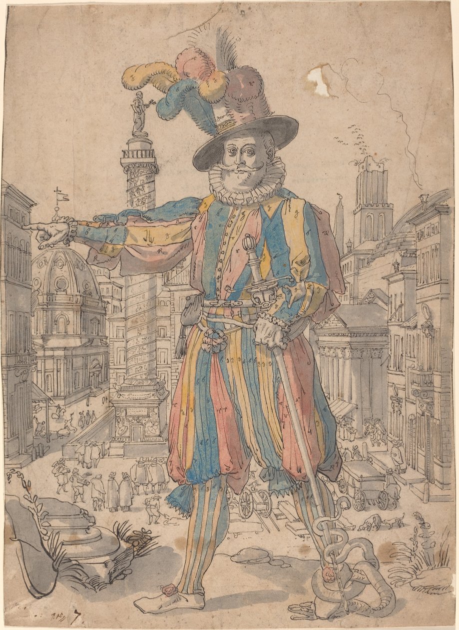 Giovanni Grosso delle Guardie Svizzere davanti a una vista di Roma da Swiss 17th Century after Francesco Villamena