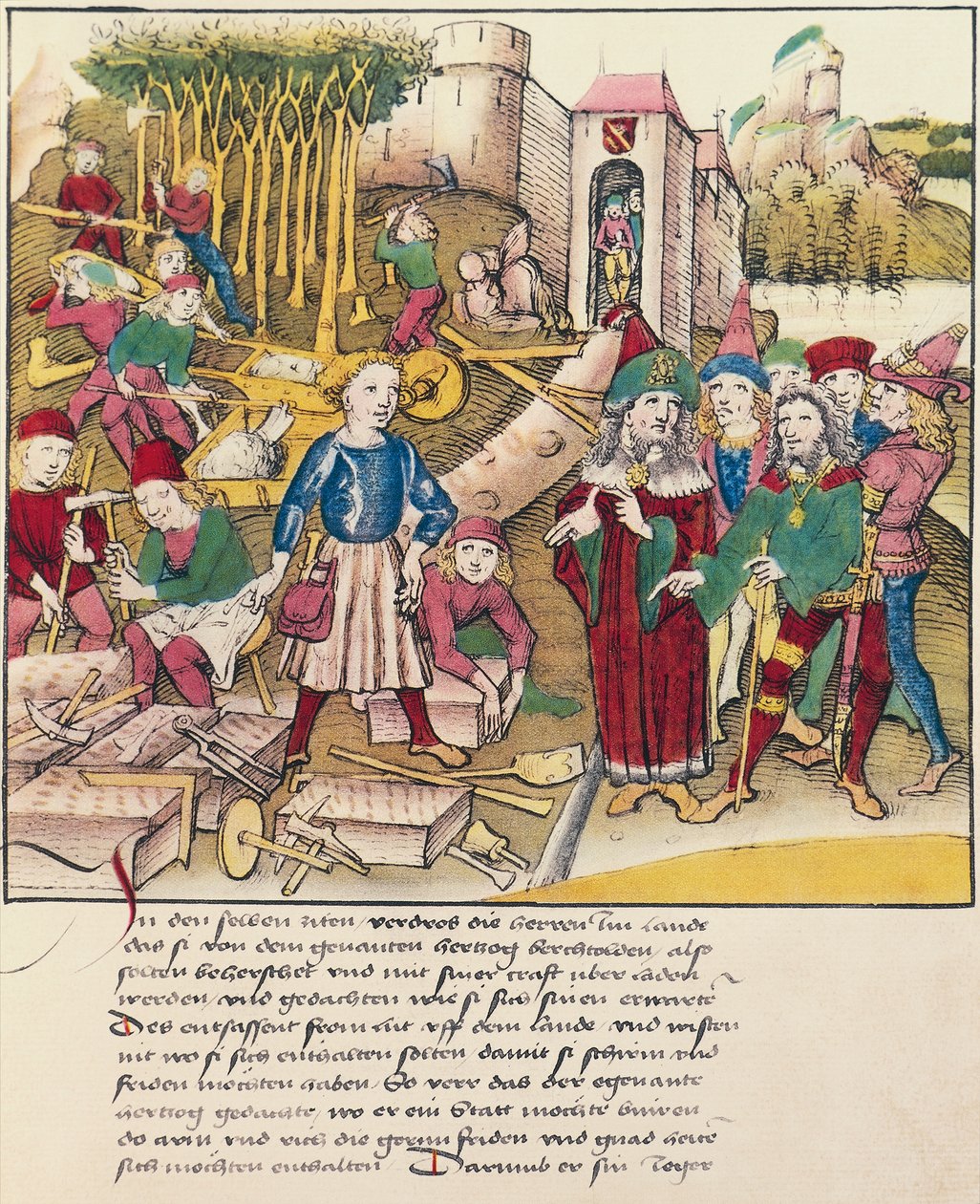 Fondazione della città di Berna nel 1191, miniatura dalla Spiezer Bilderchronik, Svizzera da Swiss School