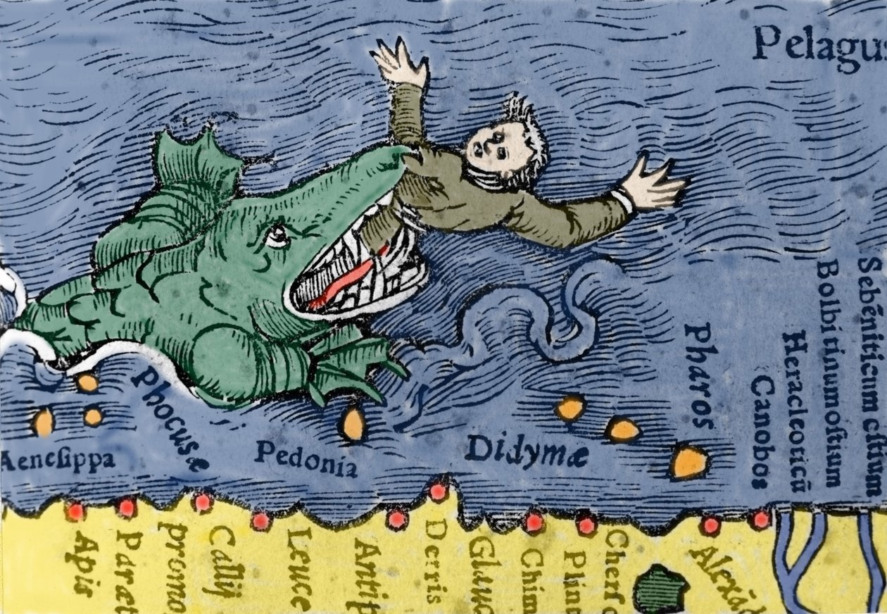 Mostro marino che mangia un umano, illustrazione da 