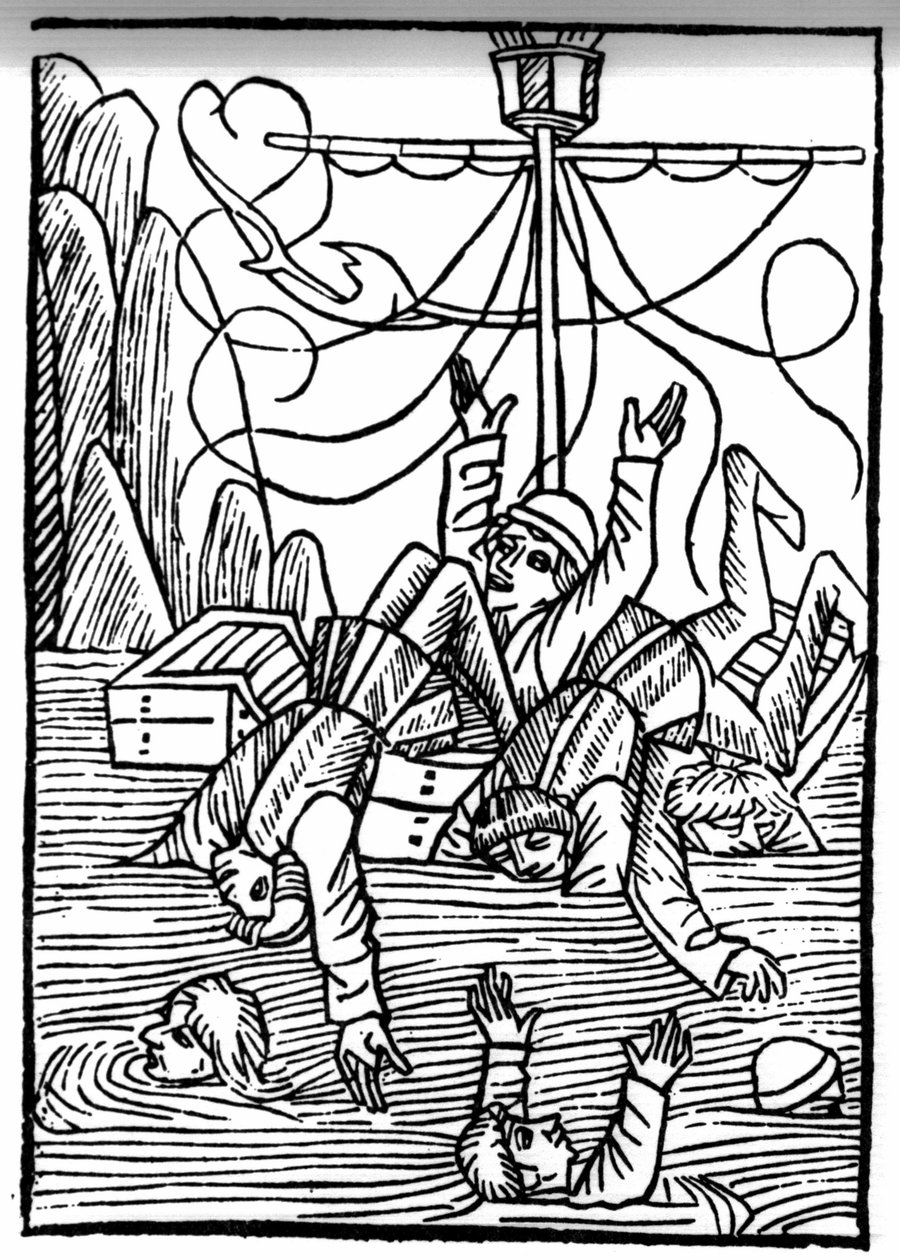 La leggenda di San Brendan (Brandan), eroe e santo irlandese del VI secolo. Le navi affondano nel Mare di Cleves. Incisione di 