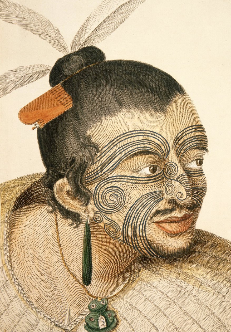 Ritratto di un capo Maori con moko facciale completo, 1769 da Sydney Parkinson