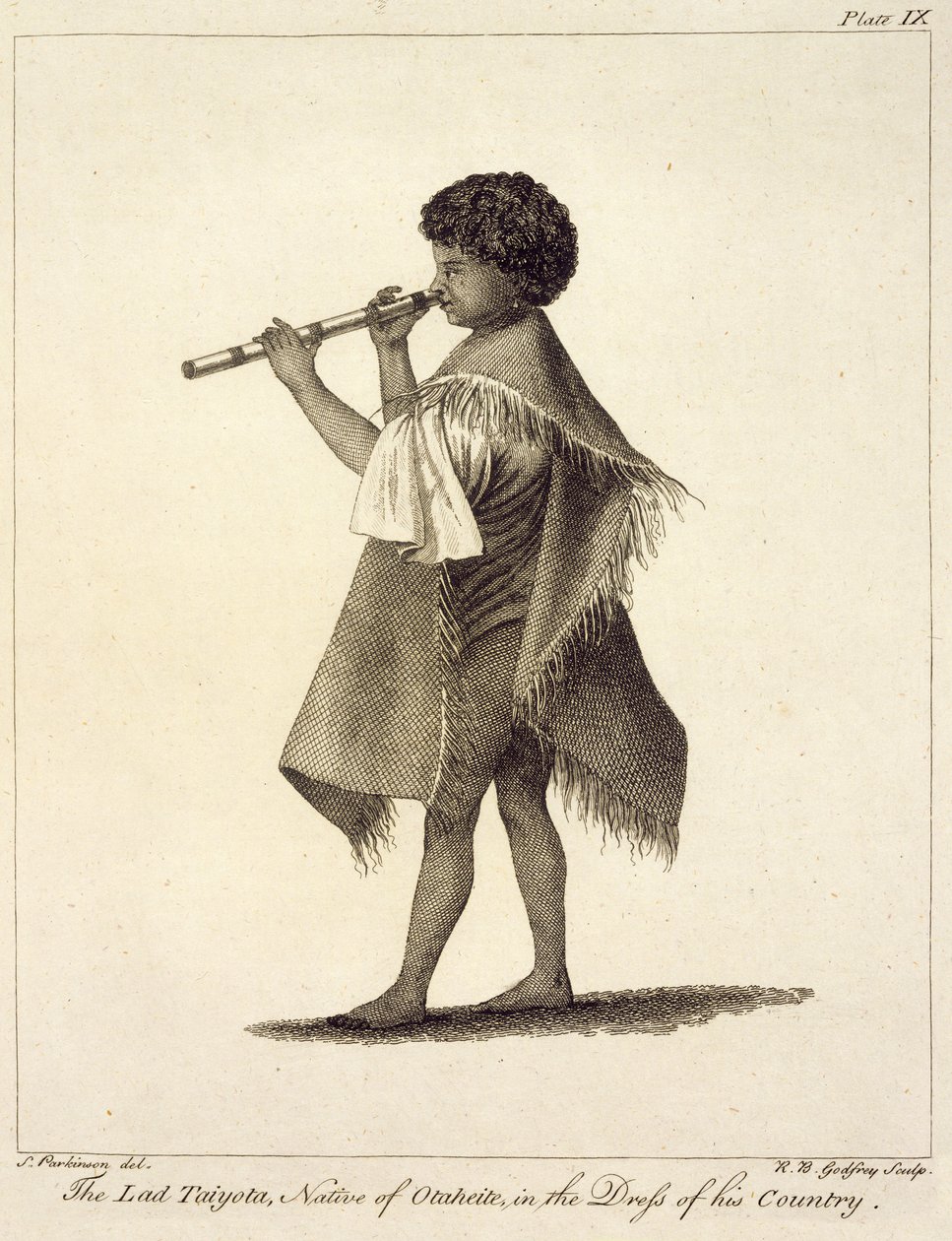 Il ragazzo Taiyota, nativo di Otaheite, nel vestito del suo paese, inciso da R.B. Godfrey, tavola 9 da 