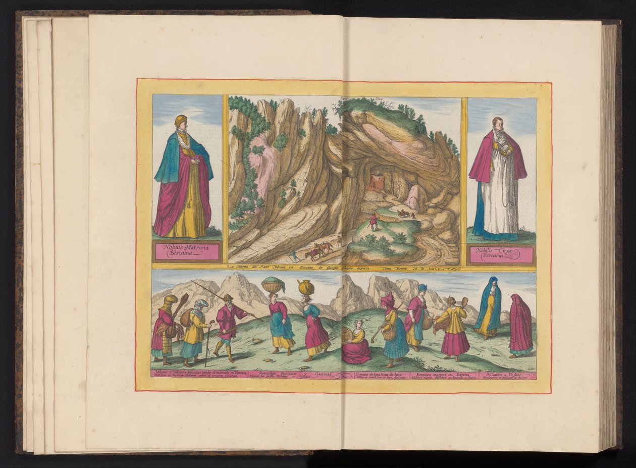 Paesaggio nella Sierra de Sant Adrian in Biscaglia e vari abitanti di Biscaglia da Symon Novelanus (possibly)