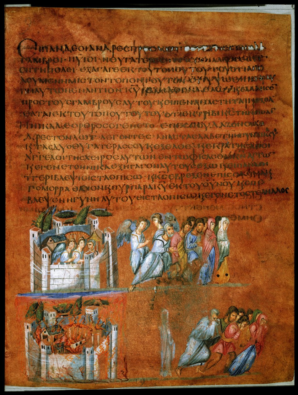 Pagina intera: testo e miniatura: Salvataggio di Lot (miniatura su pergamena) da Syrian School