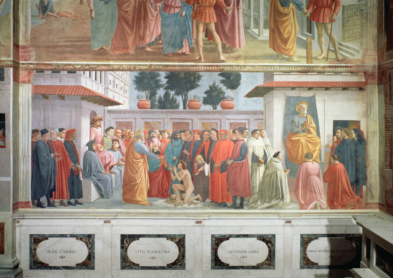 La resurrezione del figlio di Teofilo, re di Antiochia, e San Pietro intronizzato come primo vescovo di Antiochia, c.1427 e c.1480 da Tommaso Masaccio