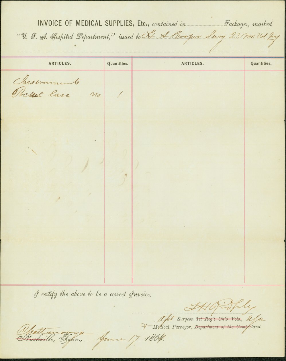 Elenco delle forniture emesse a H.A. Cooper, chirurgo della 23ª Fanteria Volontaria del Missouri da T. H. Ridgely